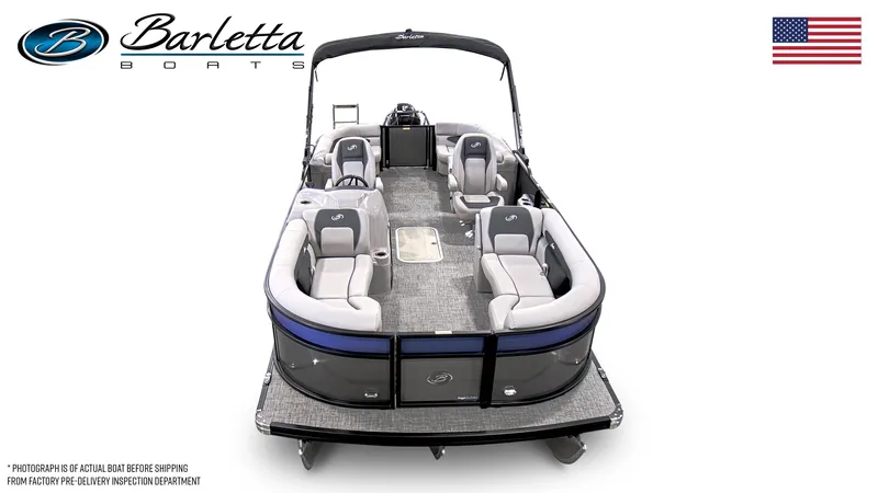 Slide: The Image of 2025 Barletta ARIA 22QC pontoon boat, spacious seating, elegant design, American flag, top view. - 3