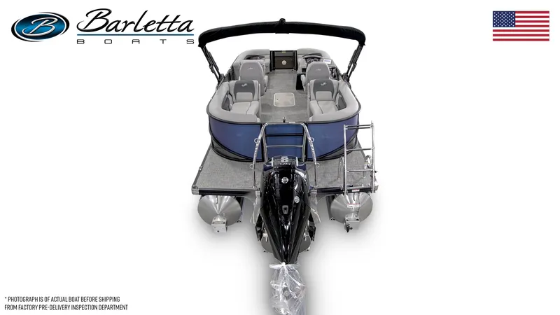 Slide: The Image of 2025 Barletta ARIA 22QC pontoon boat, rear view, showcasing seating and motor. - 7