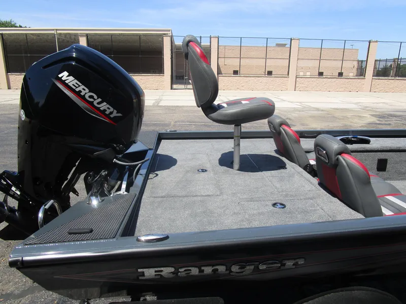 Slide: The Image of 2024 Ranger RT188C boat with Mercury engine, featuring spacious seating and modern design. - 42