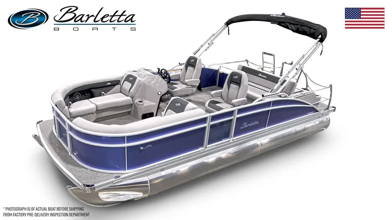 Slide: The Image of 2025 Barletta ARIA 22UC pontoon boat with blue accents and comfortable seating. - 14