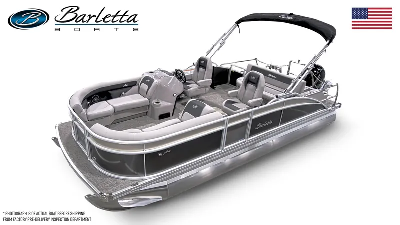 Slide: The Image of 2025 Barletta ARIA 22UC pontoon boat, sleek design, spacious seating, black canopy, American flag. - 1