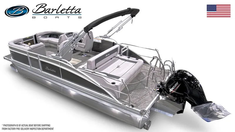 Slide: The Image of 2025 Barletta ARIA 22UC pontoon boat with sleek design and powerful outboard motor. - 2