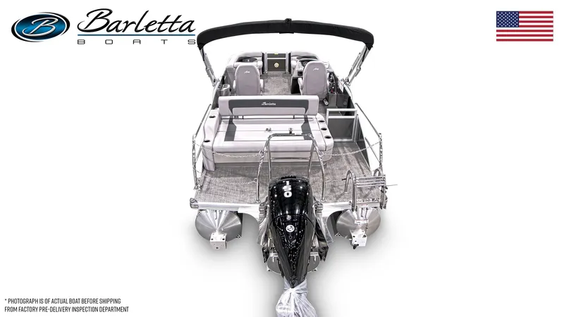 Slide: The Image of 2025 Barletta ARIA 22UC pontoon boat, rear view, with outboard motor and seating. - 3