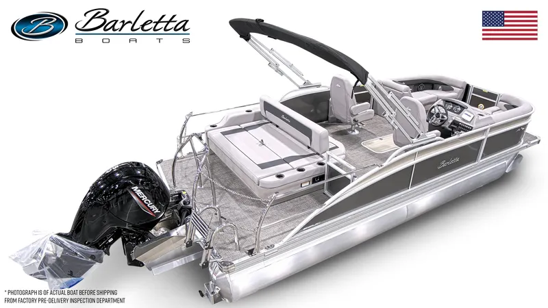 Slide: The Image of 2025 Barletta ARIA 22UC pontoon boat with Mercury outboard motor, featuring luxury seating. - 4