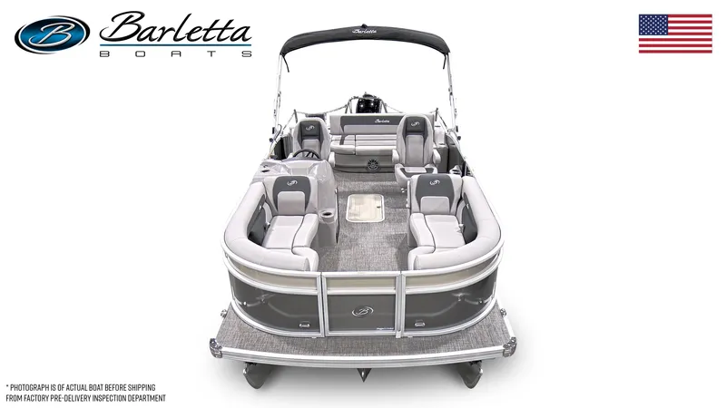 Slide: The Image of 2025 Barletta ARIA 22UC pontoon boat, spacious seating, elegant design, American flag, Barletta logo. - 6