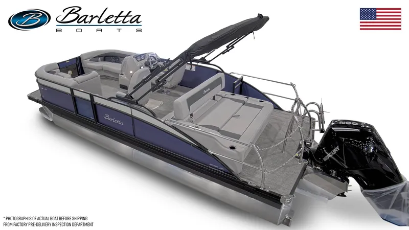 Slide: The Image of 2025 Barletta ARIA 22UC pontoon boat with sleek design and modern features. - 2