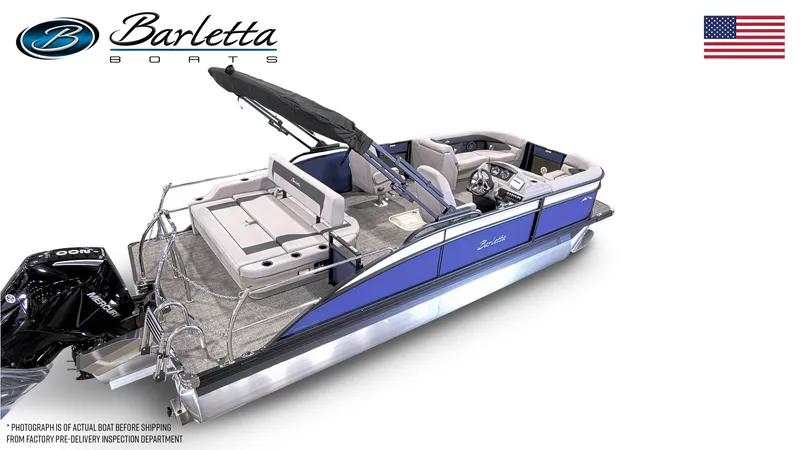 Slide: The Image of 2025 Barletta ARIA 22UC pontoon boat with blue accents and spacious seating. - 4