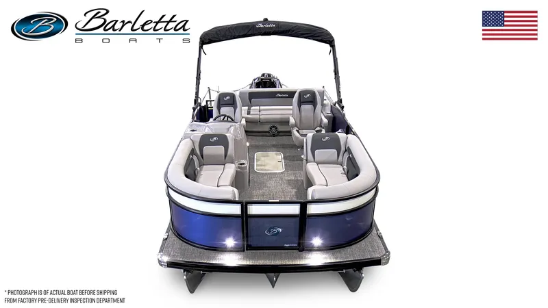 Slide: The Image of 2025 Barletta ARIA 22UC pontoon boat, front view, with seating and canopy. - 6