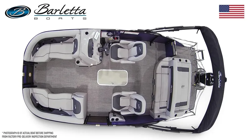 Slide: The Image of 2025 Barletta ARIA 22UC pontoon boat interior, top view, with seating and helm. - 7