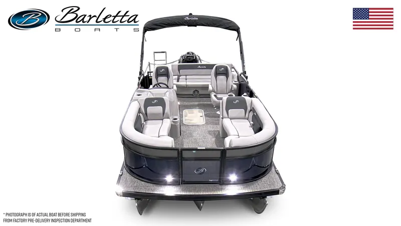 Slide: The Image of 2025 Barletta ARIA 22UC pontoon boat, sleek design, spacious seating, American flag, front view. - 6