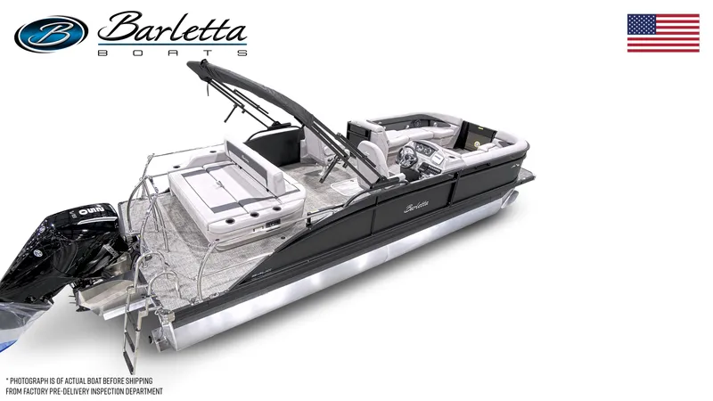 Slide: The Image of 2025 Barletta Aria 24UC pontoon boat with sleek design and spacious seating. - 4
