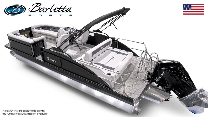 Slide: The Image of 2025 Barletta Aria 24UC pontoon boat with sleek design and modern features. - 5