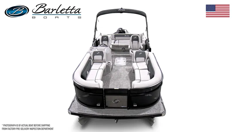 Slide: The Image of 2025 Barletta Aria 24UC pontoon boat with spacious seating and sleek design. - 6