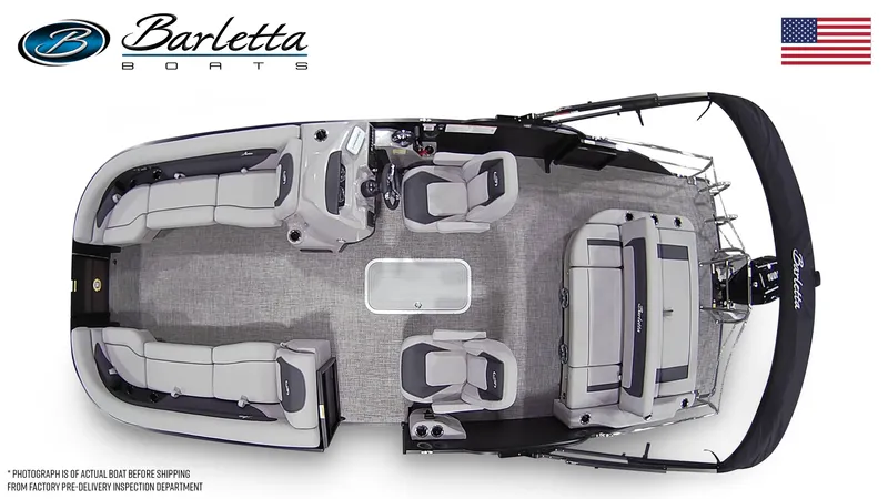 Slide: The Image of 2025 Barletta Aria 24UC pontoon boat, top view, spacious seating, modern design. - 7
