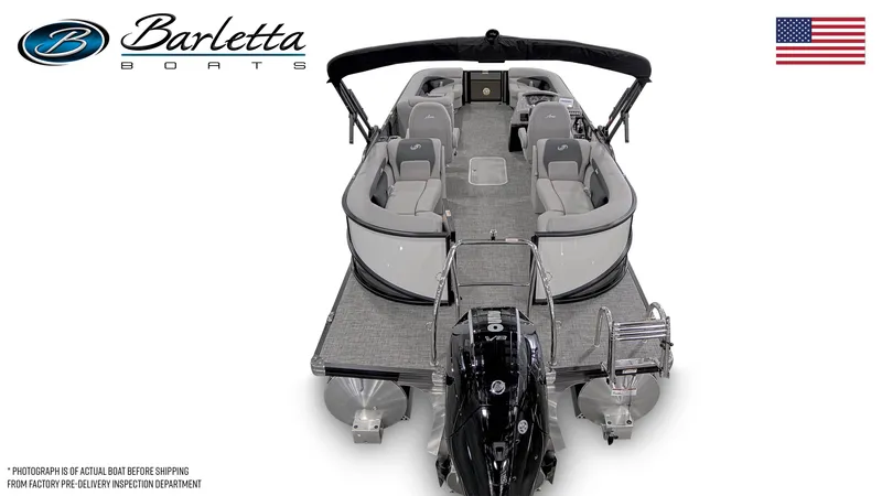 Slide: The Image of 2025 Barletta Aria 24QC pontoon boat, top view, with seating and motor, American flag. - 3