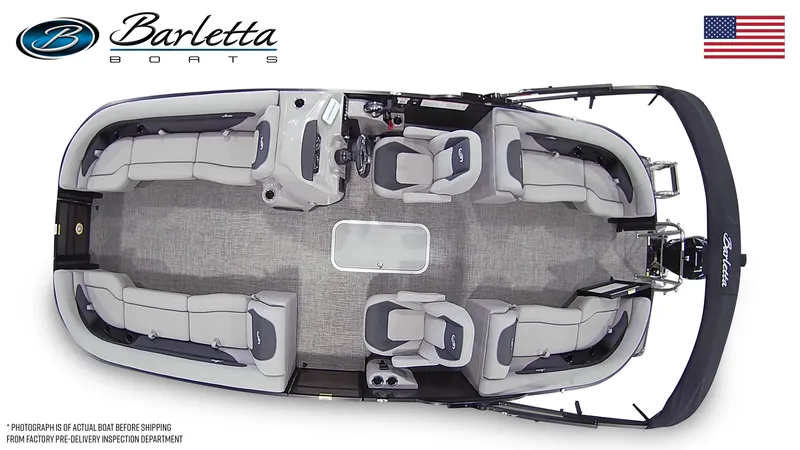 Slide: The Image of 2025 Barletta Aria 24QC pontoon boat, top view, spacious seating, elegant design, American flag. - 7