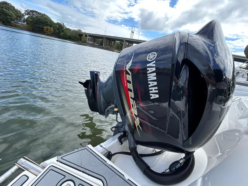 Slide: The Image of Yamaha outboard motor on 2021 NauticStar 243 DC boat by a scenic river. - 9