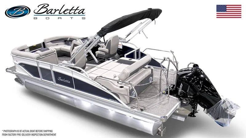 Slide: The Image of 2025 Barletta Cabrio 20UC pontoon boat with sleek design and modern features. - 2