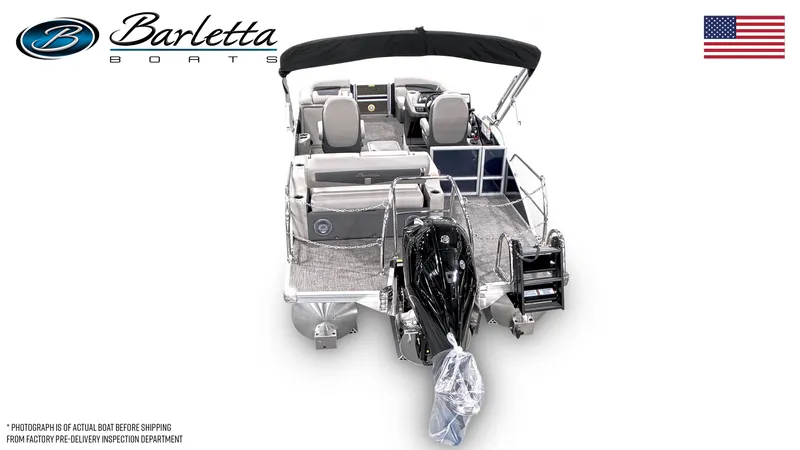 Slide: The Image of 2025 Barletta Cabrio 20UC pontoon boat, rear view, with seating and motor, USA flag. - 3