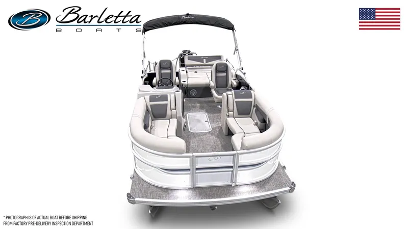 Slide: The Image of 2025 Barletta Cabrio 20UC pontoon boat, spacious seating, elegant design, American flag. - 6