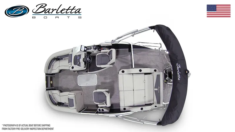 Slide: The Image of 2025 Barletta Cabrio 20UC pontoon boat, top view, featuring spacious seating and sleek design. - 7