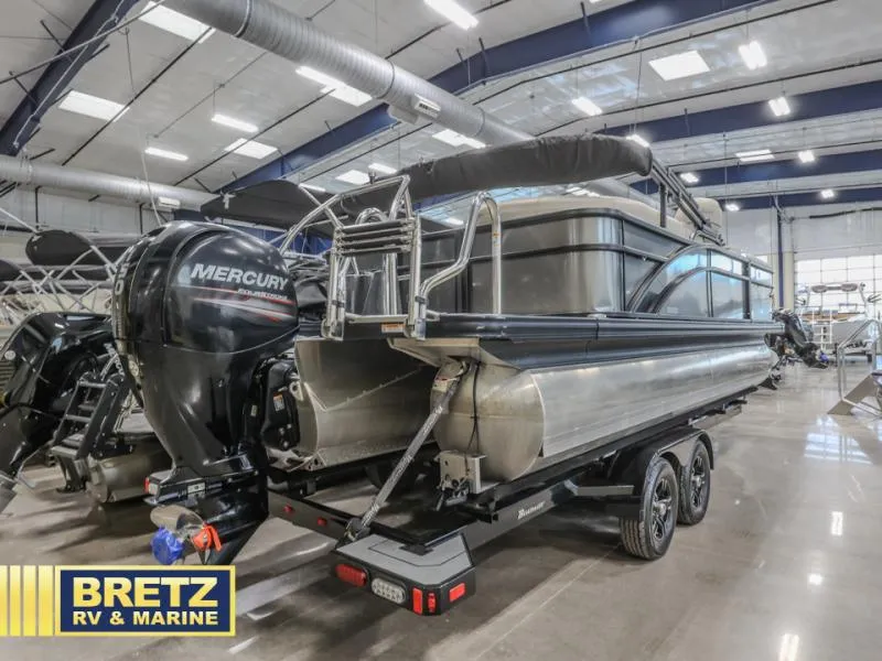 Slide: The Image of 2019 E-Class E22QC pontoon boat with Mercury outboard motor at Bretz RV & Marine showroom. - 3