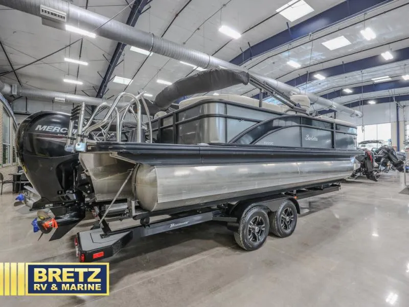 Slide: The Image of 2019 E-Class E22QC pontoon boat in showroom, displayed by Bretz RV & Marine. - 4
