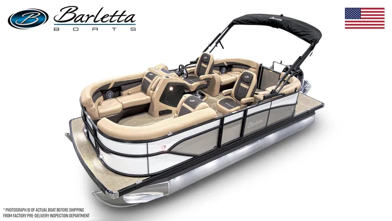 Slide: The Image of 2025 Barletta Cabrio 20QC pontoon boat with luxurious seating and sleek design. - 1