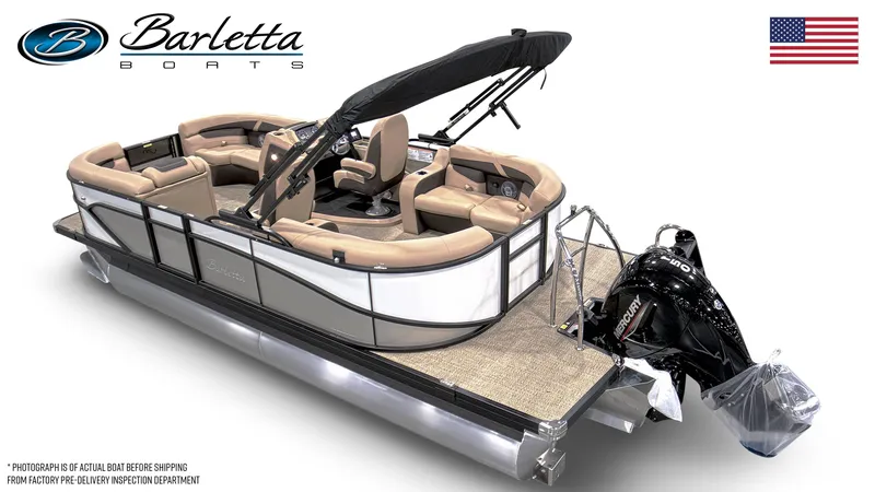 Slide: The Image of 2025 Barletta Cabrio 20QC pontoon boat with beige seating and black canopy. - 2