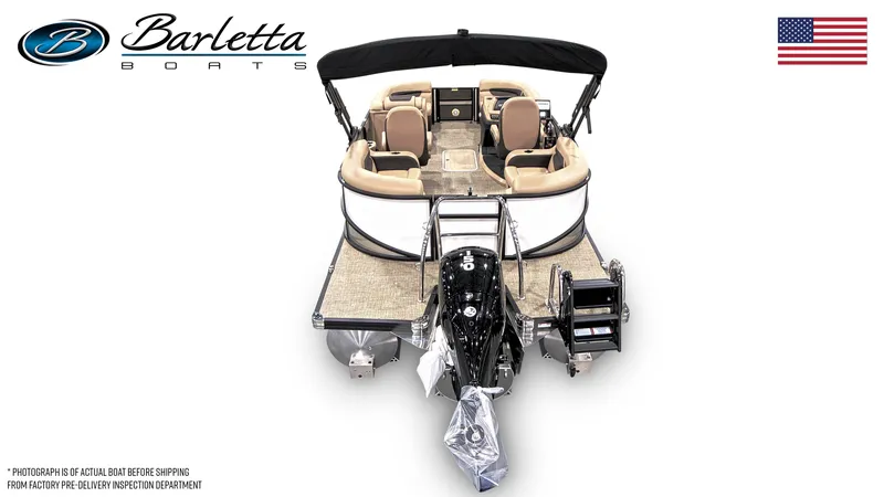 Slide: The Image of 2025 Barletta Cabrio 20QC pontoon boat, rear view, beige seating, black canopy, American flag. - 3