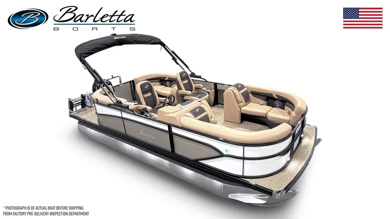 Slide: The Image of 2025 Barletta Cabrio 20QC pontoon boat with beige seating and sleek design. - 5