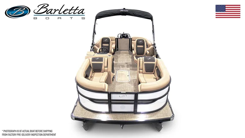 Slide: The Image of 2025 Barletta Cabrio 20QC pontoon boat with spacious seating and elegant design. - 6