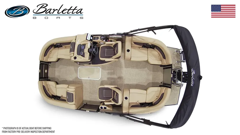 Slide: The Image of 2025 Barletta Cabrio 20QC pontoon boat, top view, beige interior, black canopy, American flag. - 7