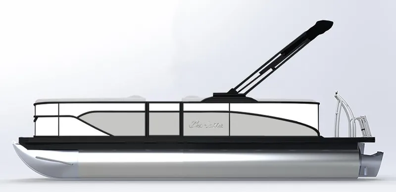 Slide: The Image of 2025 Barletta CABRIO 20QC pontoon boat, sleek design, side view, white and black color scheme. - 8