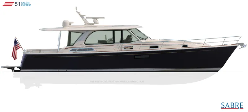 Slide: The Image of 2025 Sabre 51 Salon Express luxury yacht side view with American flag. - 2