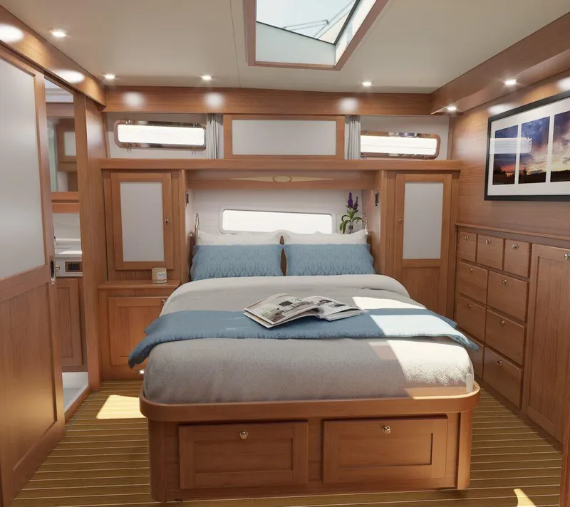 Slide: The Image of Luxurious bedroom interior of 2025 Sabre 51 Salon Express yacht with skylight and wooden finishes. - 23