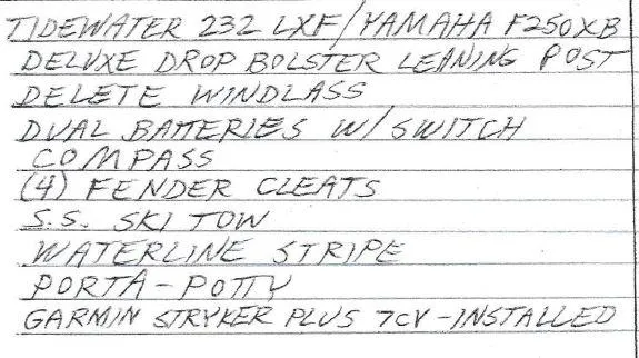 Slide: The Image of Handwritten list of features for 2021 Tidewater 232 LXF boat. - 12
