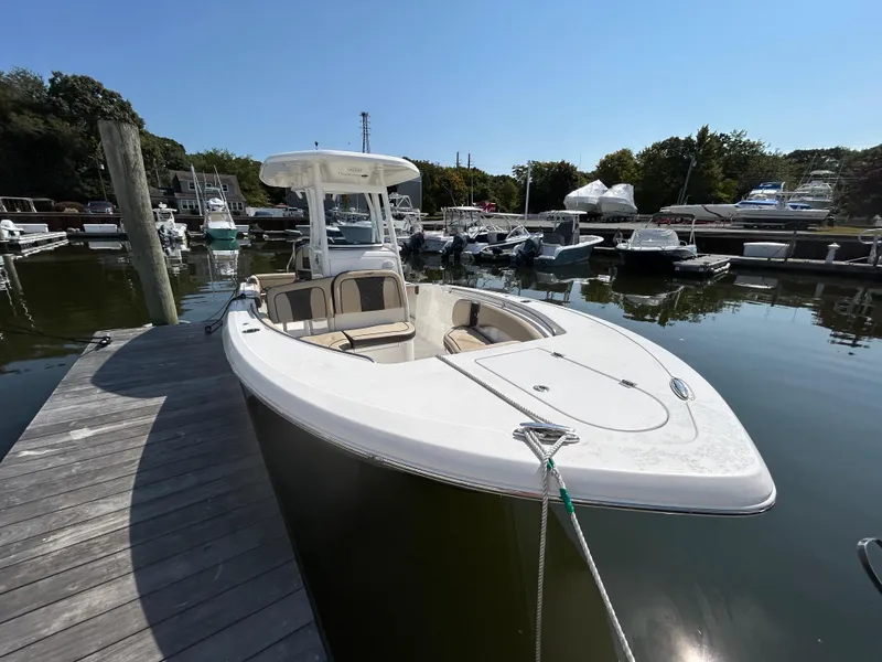 Slide: The Image of 2021 Tidewater 232 LXF boat docked in a marina under clear blue skies. - 8