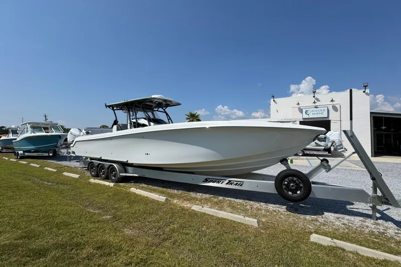 Slide: The Image of 2022 Nor-Tech 392 Super Fish boat on trailer at Grander Marine dealership. - 14