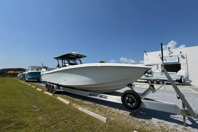 Slide: The Image of 2022 Nor-Tech 392 Super Fish boat on trailer at Grander Marine dealership. - 15