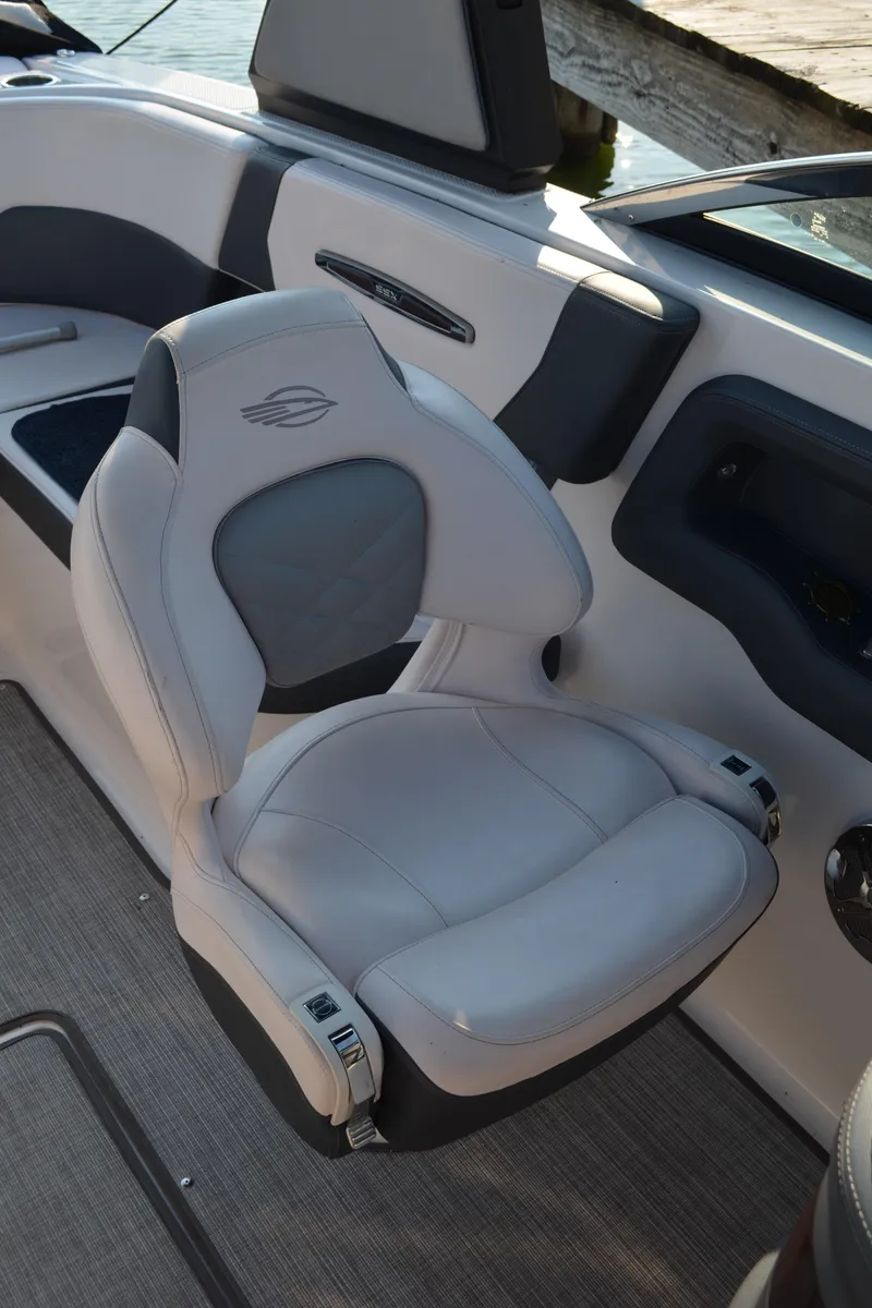 Slide: The Image of 2020 Chaparral 257 SSX boat seat with gray and white upholstery. - 16