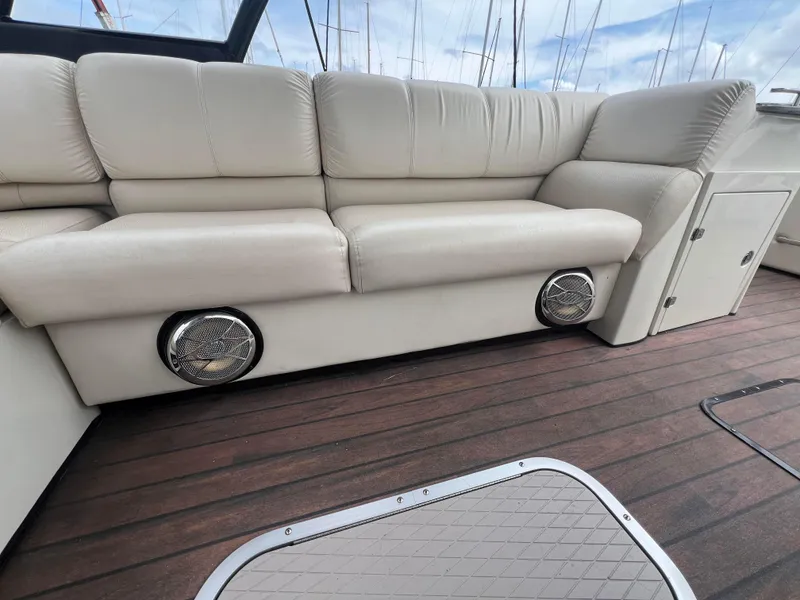 Slide: The Image of Luxurious seating on 2015 Harris FloteBote Grand Mariner SL 250 with wood deck and speakers. - 7