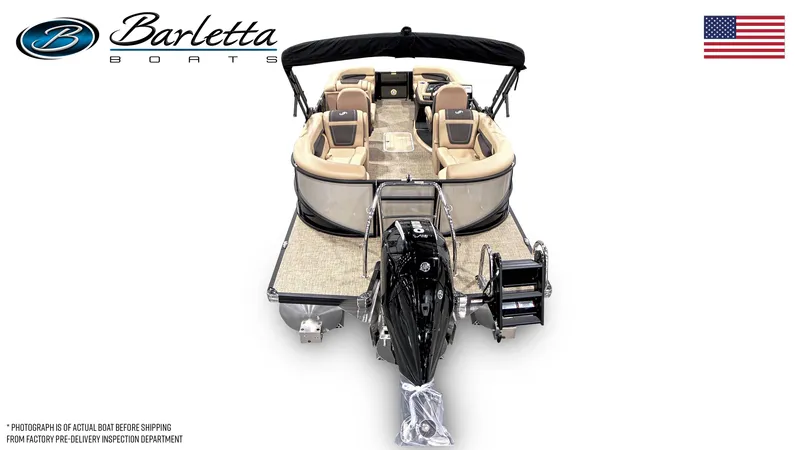 Slide: The Image of 2025 Barletta Cabrio 22QC pontoon boat, beige seating, black canopy, rear view with motor. - 3