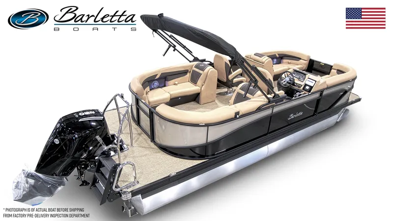 Slide: The Image of 2025 Barletta Cabrio 22QC pontoon boat with luxurious seating and sleek design. - 4