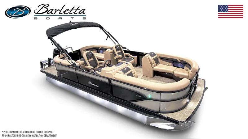 Slide: The Image of 2025 Barletta Cabrio 22QC pontoon boat with luxurious seating and sleek design. - 5