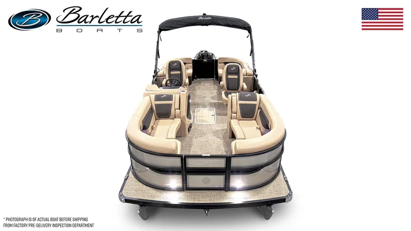 Slide: The Image of 2025 Barletta Cabrio 22QC pontoon boat, beige seating, elegant design, American flag, Barletta logo. - 6