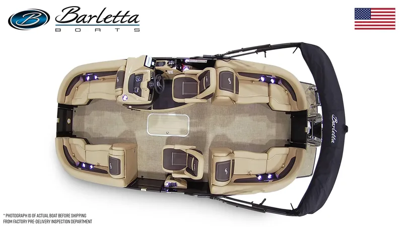 Slide: The Image of 2025 Barletta Cabrio 22QC pontoon boat interior, beige seating, overhead view. - 7