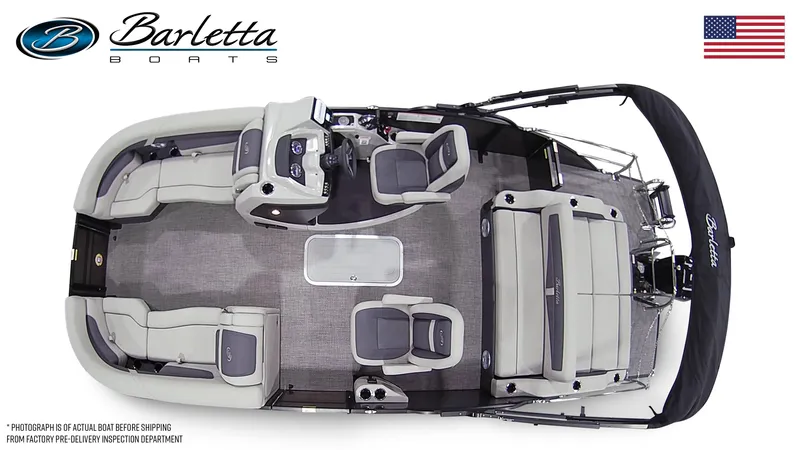 Slide: The Image of 2025 Barletta Cabrio 22UC pontoon boat, top view, showcasing seating and layout. - 2