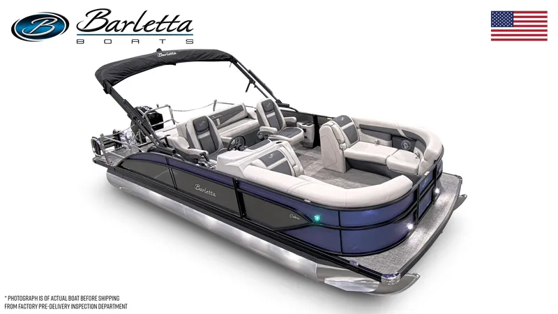 Slide: The Image of 2025 Barletta Cabrio 22UC pontoon boat with sleek design and spacious seating. - 4