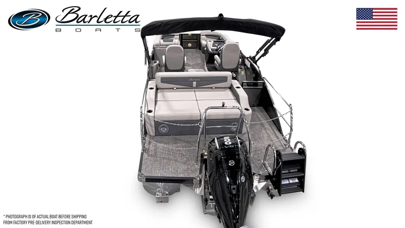Slide: The Image of 2025 Barletta Cabrio 22UC pontoon boat, rear view, showcasing seating and motor. - 6
